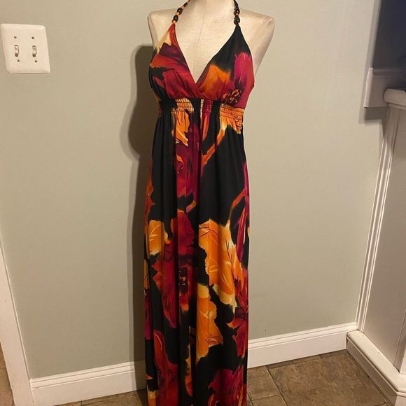 Floral Halter Maxi Dress - Black, Red, Orange-C - Picture 1 of 6